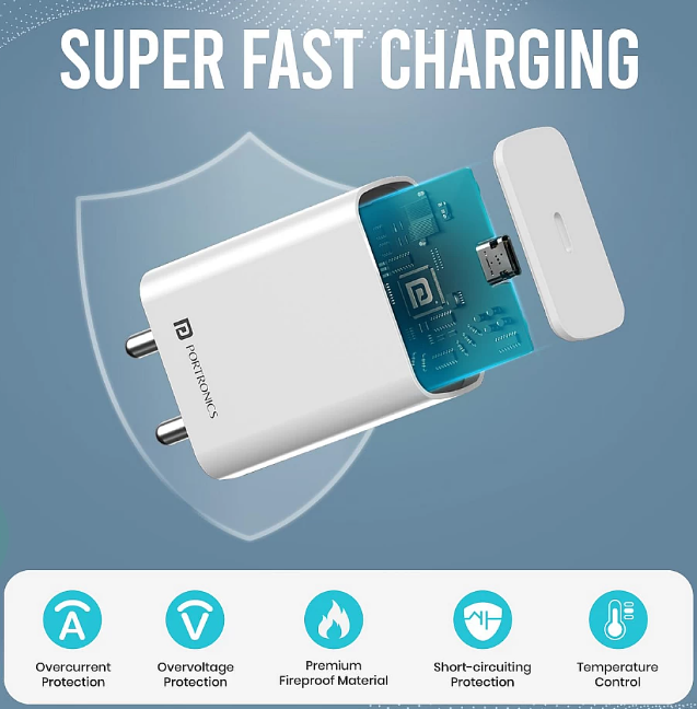 Portronics Adapto 25 Pro 25W Fast Charging Type C Adapter with Type C Charging Cable