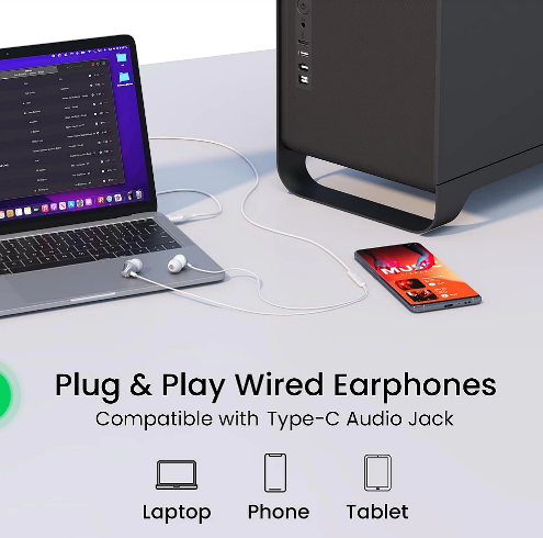 Portronics Conch Beat C in Ear Wired Earphones with Mic, Type C Audio Jack, 10mm Driver, 1.2m TPE Anti Tangle Wire, in line Mic Controls, Powerful Audio, Metal Alloy Body, Wide Compatibility - Silver