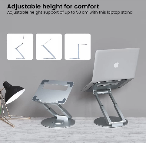 Portronics My Buddy K8 Portable Laptop Stand with 360° Rotating Base, Posture Support, Adjustable Height Upto 53 cms, Ergonomic Design - Silver