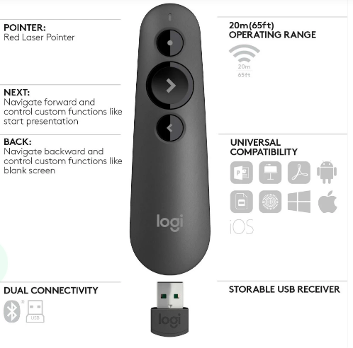 Logitech R500 Wireless Bluetooth Presenter - Laser Presentation Remote